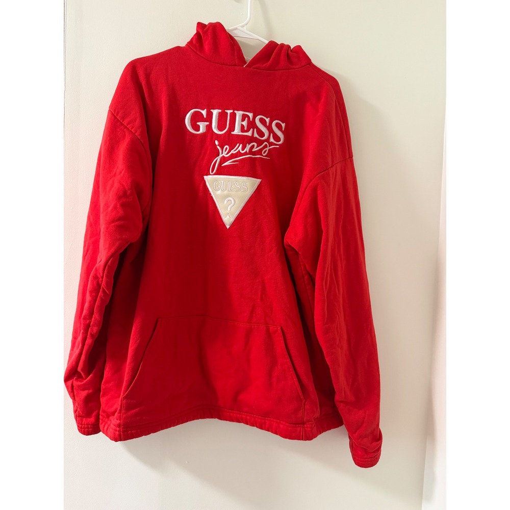 Guess Jeans Hoodie Mens XL Red Good Vintage Embroidered Heavy Warm Pullover